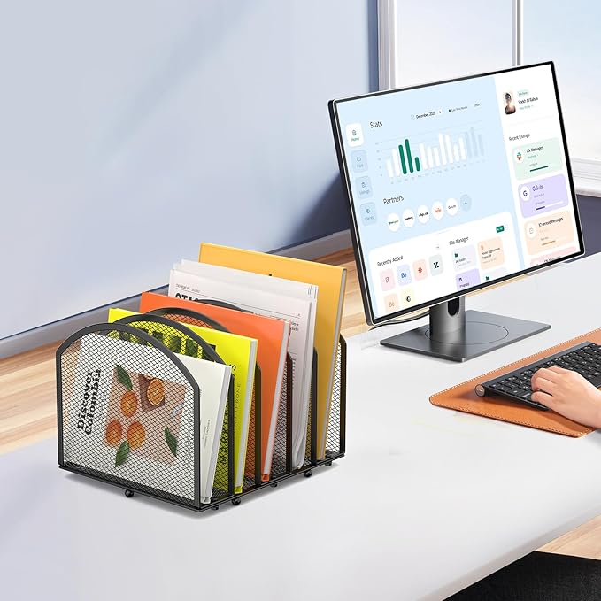 MINDEPOT 5-Section Desk File Organizer, Vertical Desktop File Holder Mail Sorter File Folder Holder Organization for Office School & Classroom (Black - 1Pack)