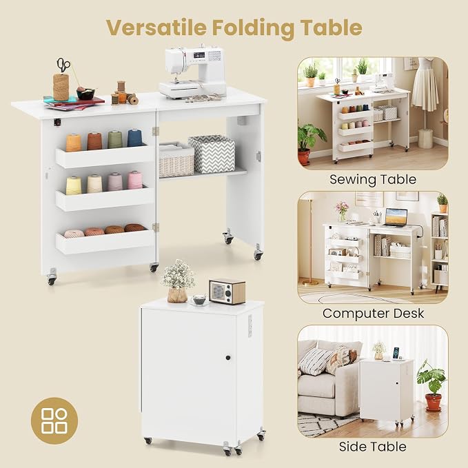 Giantex Folding Sewing Table with Charging Station, Storage Trays & Shelf | Rolling Craft Table with Lockable Wheels, Foldable Sewing Machine Cabinet Desk for Small Spaces, Dorms, White