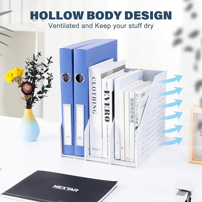 FRETONBA Collapsible Magazine File Holder, 3 Vertical Compartments | Foldable Space-Saving, Sturdy Plastic Binder Holder, Compact for Desk or Shelf, for Office & Home, Easy Access, Light Gray