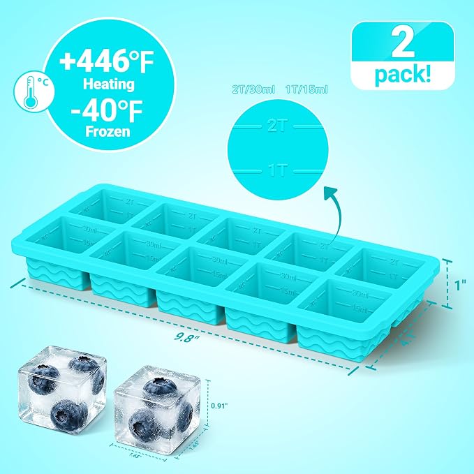 Doasuwish Ice Cube Trays for Freezer with Lids, 2-Tbsp 10-Cube Square Ice Trays, Dishwasher Safe, Covered Ice Molds for Iced Coffee & Cocktails, Freeze 30mL/15mL Portions -2 Pack