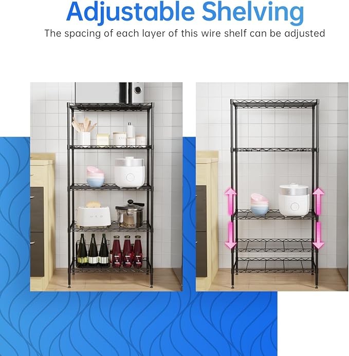 PayLessHere | 5-Tier Wire Shelf | 21"x11"x48" | Black | Adjustable Racks | Heavy-Duty Storage Shelves, Holds Upto 750 lbs | Rust-Resistant, No-Tool Assembly | for Home, Garage Shelving