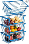 GAOKASE 4 Pcs Stackable Wire Baskets for Pantry Organizers and Storage,Vegetable Fruit Basket for Countertop,Kitchen Storage Metal Baskets,Produce Potato Onion Storage Bin,blue