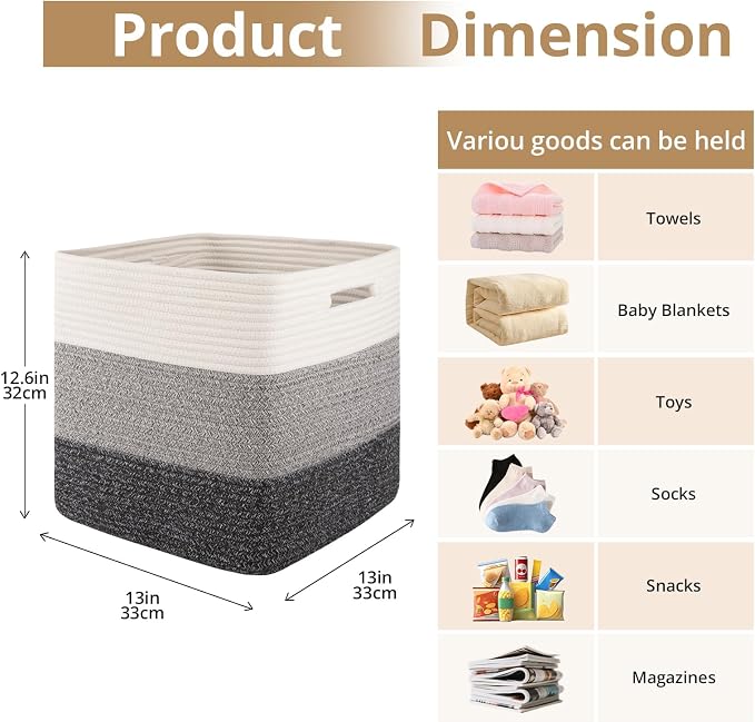 OIAHOMY 13 Inch Cube Storage Bins, 3-Pack Cotton Rope Woven Baskets for Organizing, Insert Storage Baskets for Shelves, Baby Nursery, Closet Organizer, 13 * 13 * 12.6IN, Gradient Gray