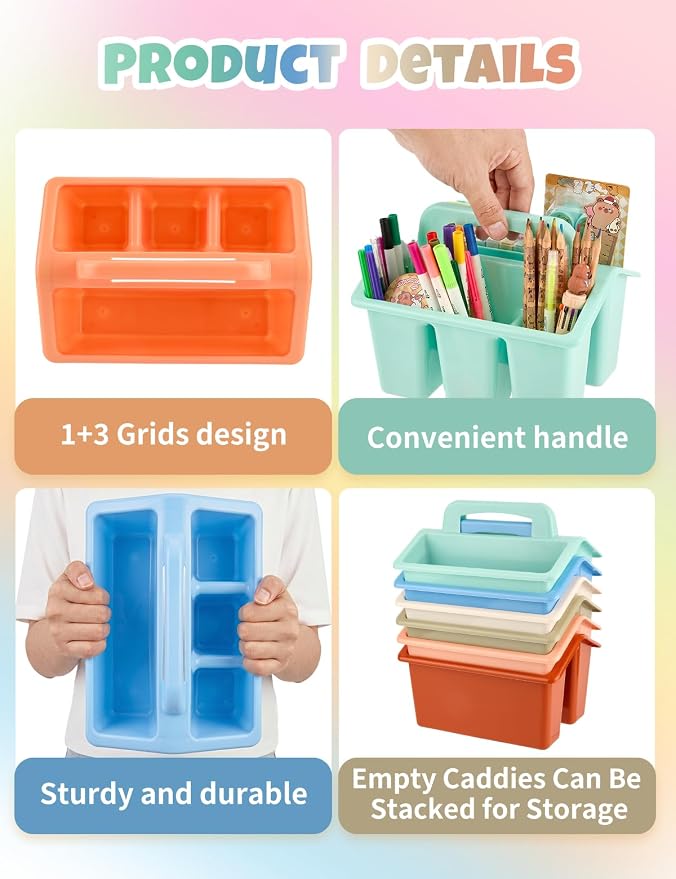 6 Pack Classroom Caddy Organizer with Handle, Table Caddy Classroom | 4 Compartments, 9×6.3×6.7 inches, Thick Durable PP Plastic, Built-in Handle, Stackable Design, for Classroom Desk Office Home
