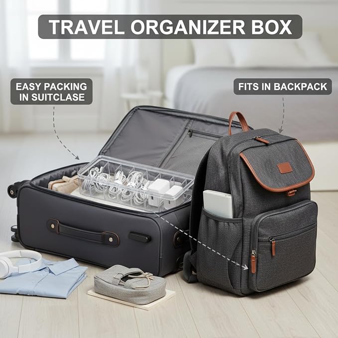 Tatuo 12 Pcs Cord Organizer for Drawer Desktop, Cable Organizer Box with 8 Compartments and Wire Ties, Plastic Charger Storage with Lid, Electronics Case for Home Office Accessories (Small,Clear)