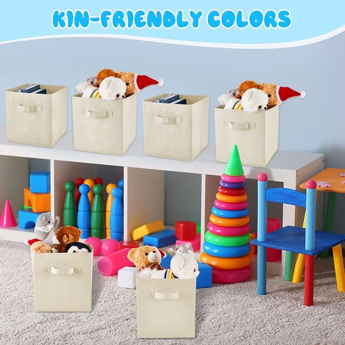 Yinder 12 Pcs Cube Storage Bin Beige 10.5''x10.5''x11'' Storage Bins for Playroom Decor Colorful Bins for Kids Foldable Baskets for Nursery Organizer Boxes Fabric Boxes