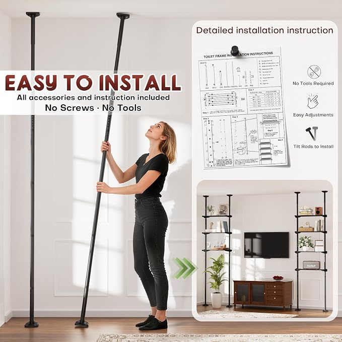 Goovilla Over The Toilet Storage Shelf, 4 Tier Bathroom Organizer Shelves with 64-124inch(H) 15-27inch(W) Adjustable No Drilling Tension Mounting, Black Space Saver Bathroom Shelf Rack Above Toilet