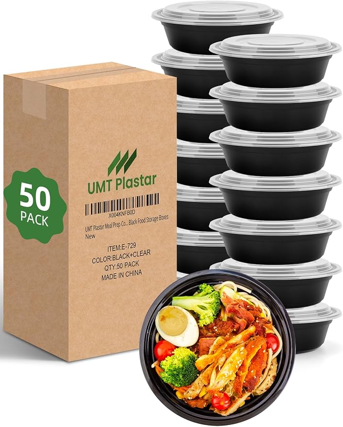 UMT Plastar 32 oz Round Meal Prep Bowls with Lids, 50 Pack BPA-Free Containers
