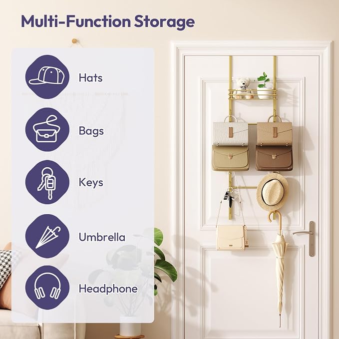 SWTYMIKI Over the Door Purse Organizer - Wall Mounted Handbag Organizer with 10 Hooks and Metal Basket, Hanging Purse Storage Rack Holds up to 10 Bags, Bag Rack Can Use As 1/2 Part, for Door, Closet