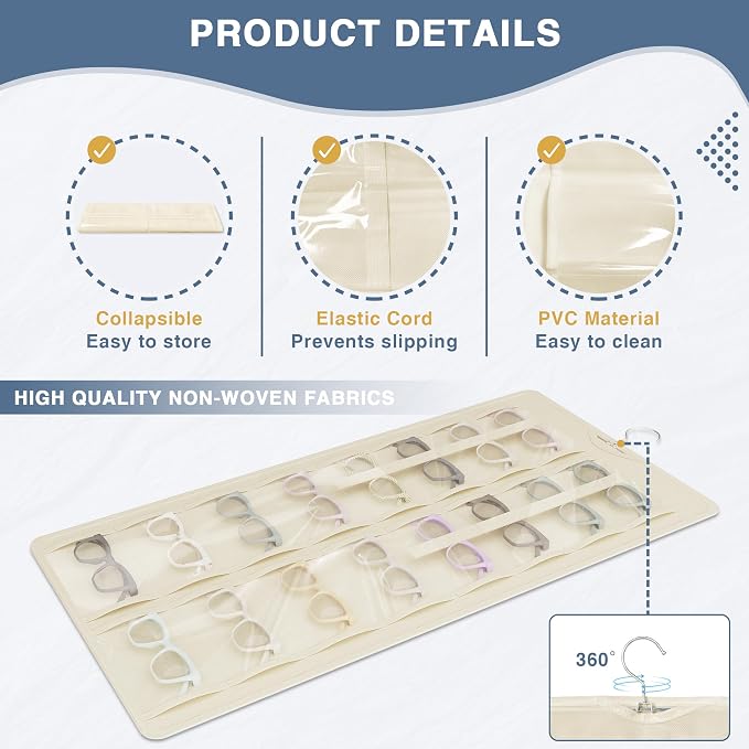 Hanging Sunglasses Organizer and Storage, 32 Slots Jewelry Holder, Beige | Protect eyewear from dust with double-sided clear compartments; roof design hangs on wall, door or closet for home/RV travel.