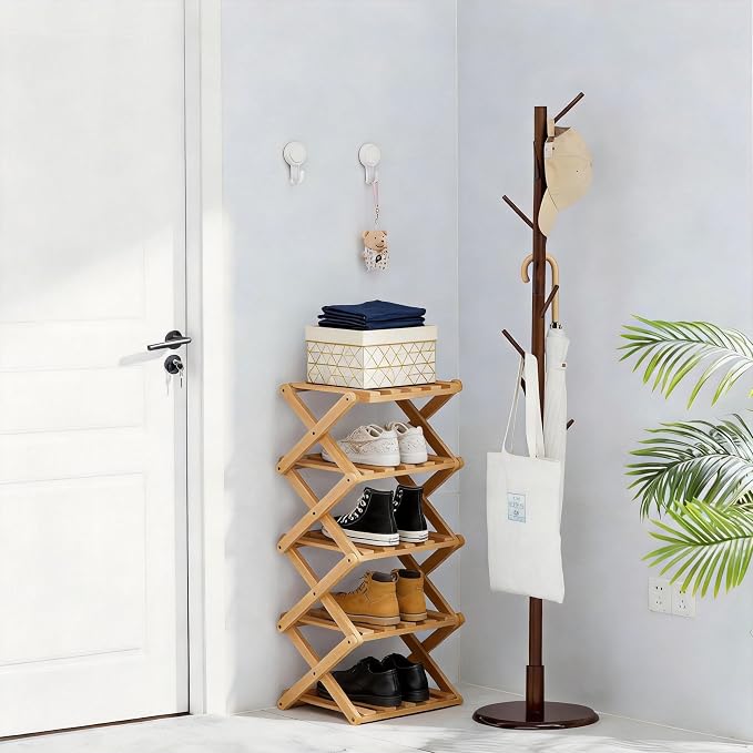 Vertical Shoe Rack Small, 5 Tier Portable Folding Shoe Storage Rack, Without Installation Free Standing Shoe Rack for Corridors, Bedrooms Living Room Corner and Small Spaces (5 Tier)