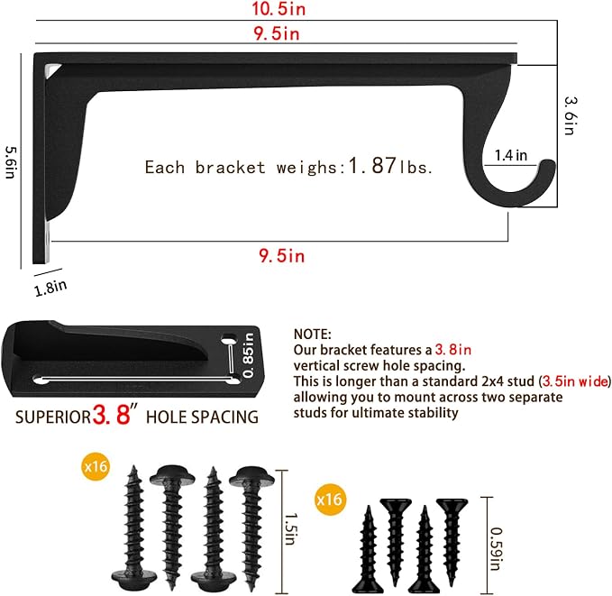 Heavy Duty Closet Rod Bracket Support 400 lbs 4 Pack | 10 x 5.6 in Balck Carbon Steel Wall Mounted L-shape Shelf Brackets with Rod Holders for Bathroom and Kitchen