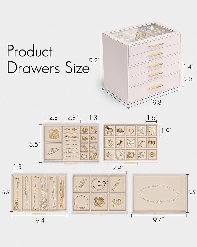 VLANDO 5 Layer Jewelry Box for Women, Glass Lid Jewelry Organizer with 5 Drawers for Necklaces Rings Earrings Bracelets - Light Pink