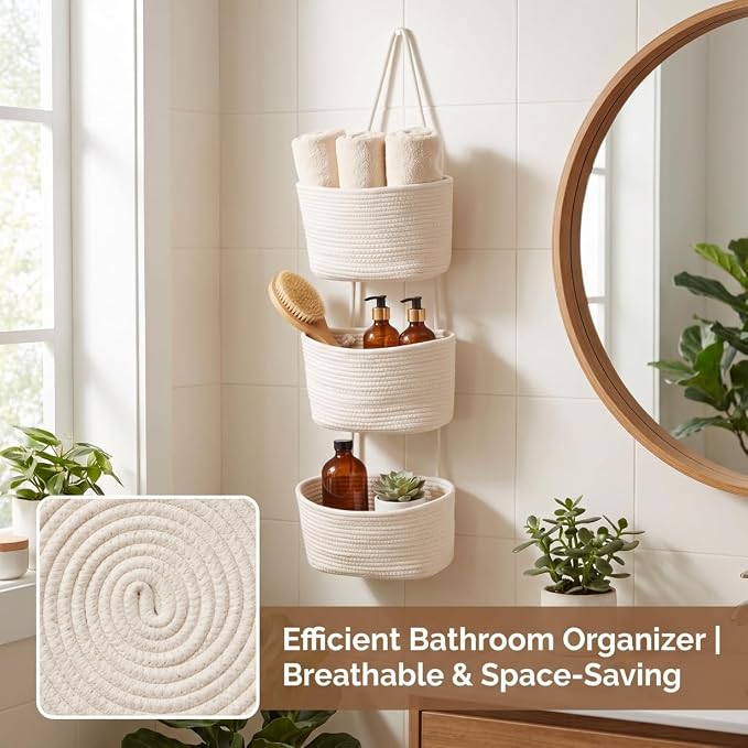 Over the Door Basket Organizer, 3 Tier Hanging Basket with Hooks | Woven Cotton Hanging Over Door Basket for Bedroom, Nursery, Bathroom, Apartment, White Hanging Storage Basket for Organizing