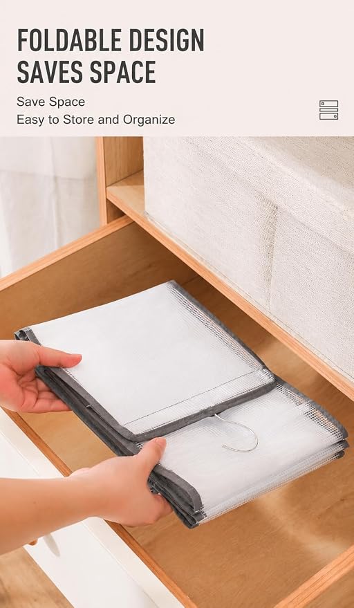Hanging Closet Organizer, 6-Shelf Foldable Wardrobe Storage for Clothes, Space Saving Hanging Organizer with Reinforced Hook for Sweaters, Pants & Shirts (Large Grey)