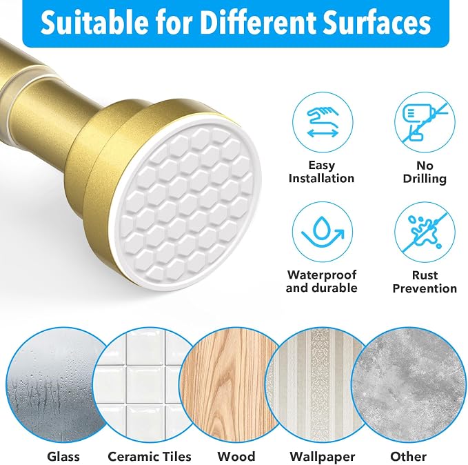 Shower Curtain Rod Gold Tension Rod 36 to 63 Inch Spring Curtain Rod Shower rod Non Slip shower curtain rod 1pcs for Windows No Drilling Adjustable Tension Rods of Curtain Window Closet Kitchen