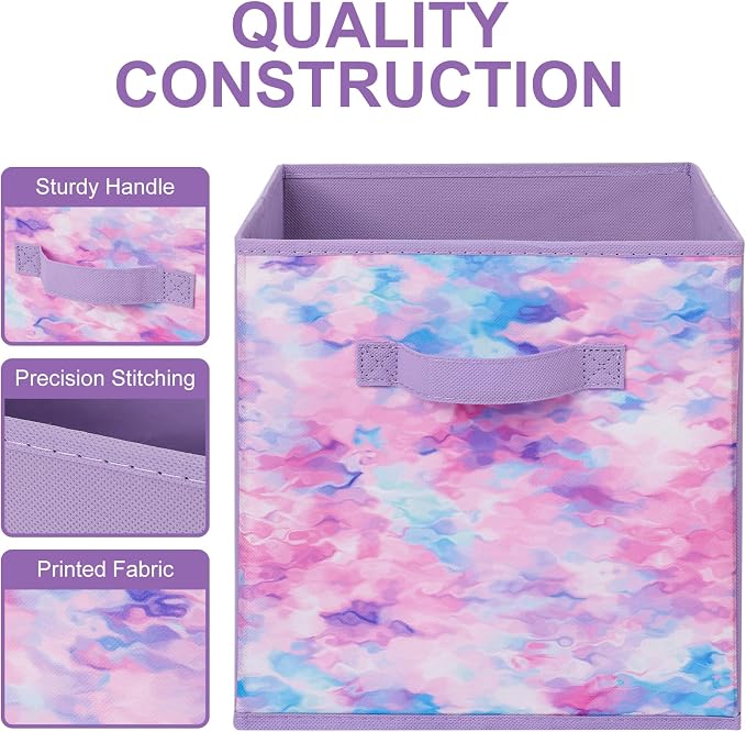 Stero Fabric Storage Cubes, 6 Pack Foldable Storage Bins with Handle, 11 Inch Box for Shelves, Closet, Organizer, Tie-dye Purple