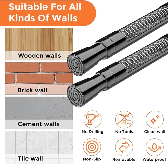 Tension Curtain Rod Black Spring Tension Curtain Rods 26-39 inch 6Pack Adjustable Spring Rods Extendable Tension Rod For Closet, Window, Kitchen,Bookshelf,Bathroom