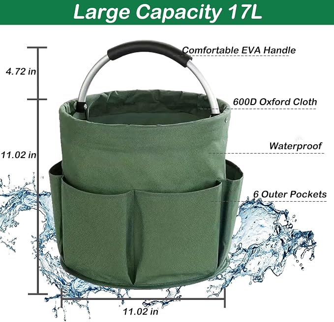 17L Foldable Cleaning Caddy with Handle, Cleaning Supplies Organizer Storage Basket with 6 Side Pockets, Portable Multi Cleaning Bucket Bag for Home Garden Bathroom Camping (Green)