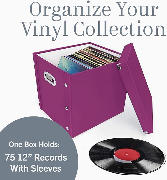 Snap-N-Store Vinyl Record Storage Box - 12" - 1 Pack- Crate Holds up to 75 Vinyl Albums - Berry