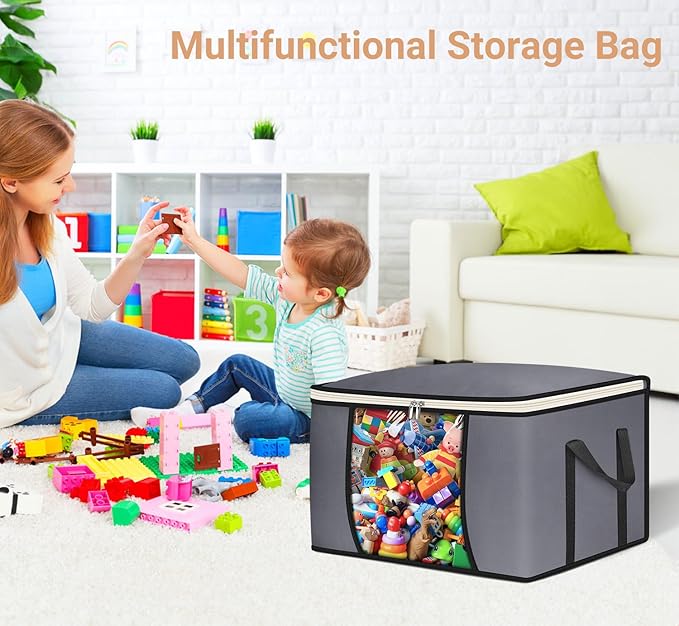 SLEEPING LAMB 65L Clothes Storage Bag, Breathable Blanket Storage Container and Foldable Comforter Organizer for Closet with Reinforced Handles for Sheets, Pillow, Toys, Grey