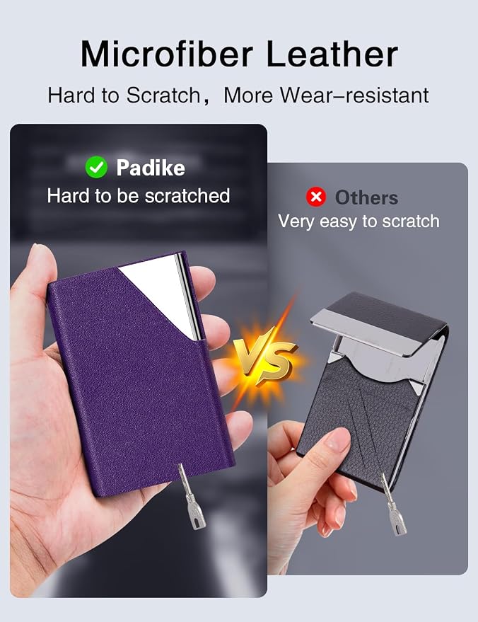 Padike Business Card Holder, Upgraded Leather Business Card Case Pocket Card Holders for Men or Women, Metal Slim Name Card Holder RFID Blocking Business Card Carrier with Magnetic Closure(Purple)