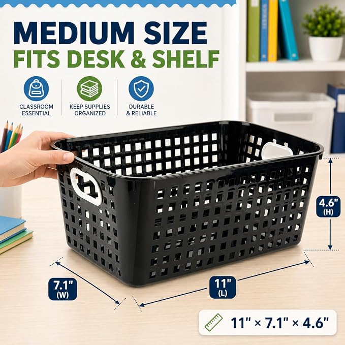 6 Pack Plastic Classroom Storage Baskets, Organizer Bins with Handle | Black Color 11" × 7.1" × 4.6" Medium Papers Book Storage Organizer for School Classroom Library Office Home Desktop Bookshelf