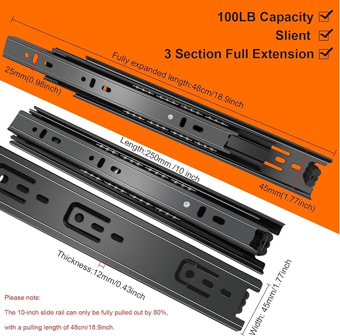 10 inch Drawer Slides 4 Pairs (8pcs) 3 fold Full Extension Side Mount Cabinet Drawer Glides 10" Black Cabinet Rails for Dresser, Cabinet, Kitchen,Trash Can, Wardrobe 100 LB Capacity