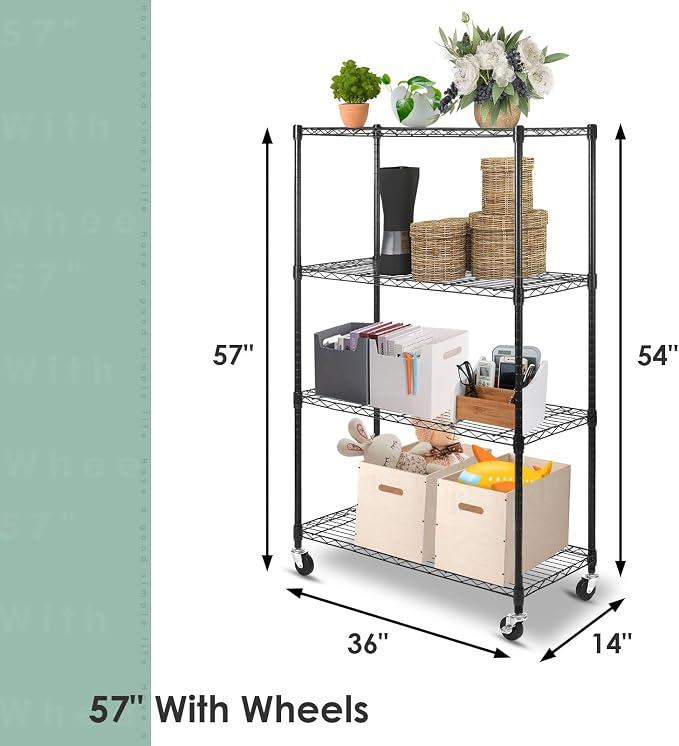 WDT Shelving Storage Units on Wheels Casters, Adjustable Heavy Duty Metal Shelf Wire Storage Rack for Home Office Garage Kitchen Bathroom Organization,36" Wx14 Dx57 H