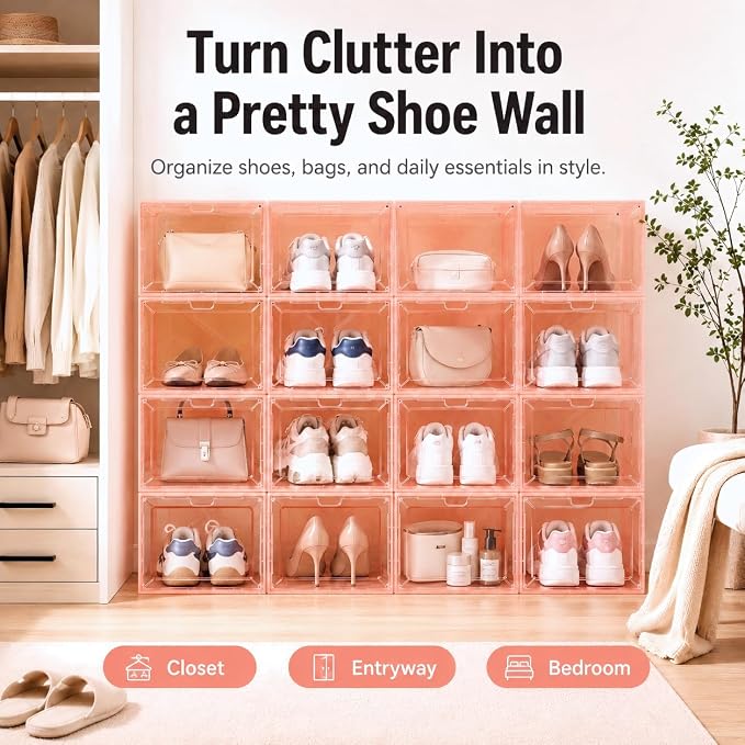 Translucent Pink Shoe Storage Boxes, 2026 2nd Gen Thickened Hard Plastic Stackable Organizer with Magnetic Door, Folding Shoe Racks for Closet, Decorative Sneaker Display Cases, 6 Pack