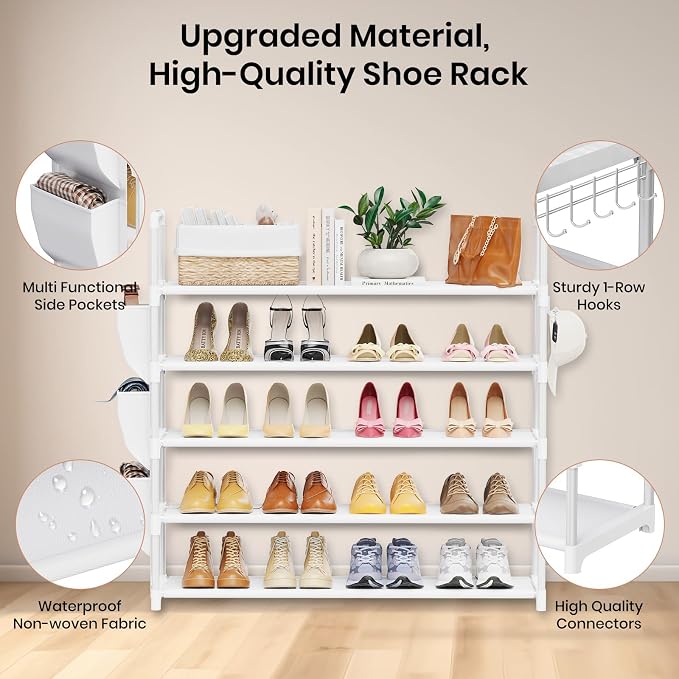 VILICK Shoe Rack for Closet Shoe Organizer Space Saver Storage for 20-25 Pair Shoe Shelf with Hook and Side Pocket Free Standing 5 Tier Shoe Rack Organizer for Entryway,Small Spaces, White