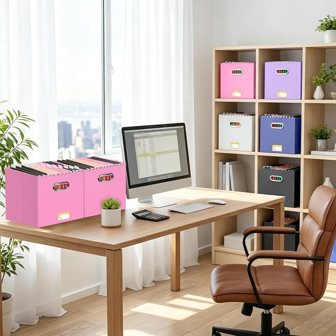 BALEINE File Organizer Box, Cardboard File Folder Organizer with Handle for Letter Size, Portable Collapsible Hanging Filing Box for Home Office Document Storage (1 Pack, Large Pink)