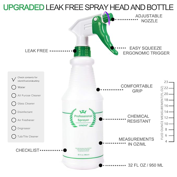 Plastic Spray Bottle 2 Pack, 32 Oz, All-Purpose Heavy Duty Spraying Bottles Leak Proof Mist Empty Water Sprayer for Cleaning Solution, Essential Oils, Hair, Planting with Adjustable Nozzle - Green