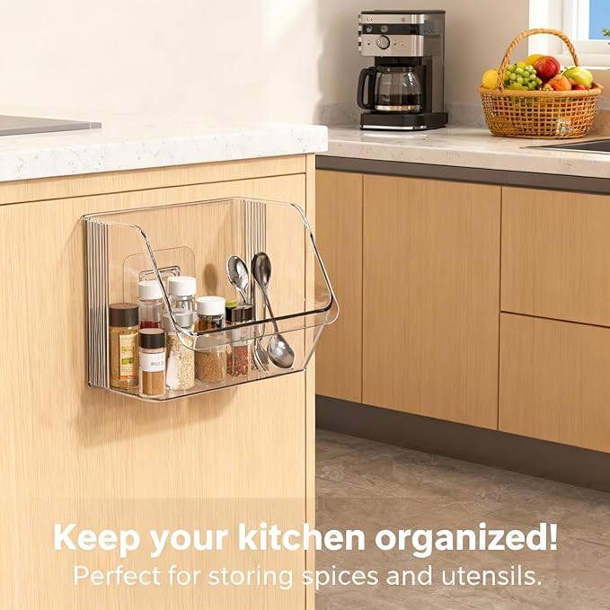 3 Pack Clear Plastic Wall Mount Storage Bins, Kitchen Pantry Cabinet Organizer Containers,Storage Caddy No Drilling Hang Walls/Doors for Kitchen, Bathroom, Bedroom, Office