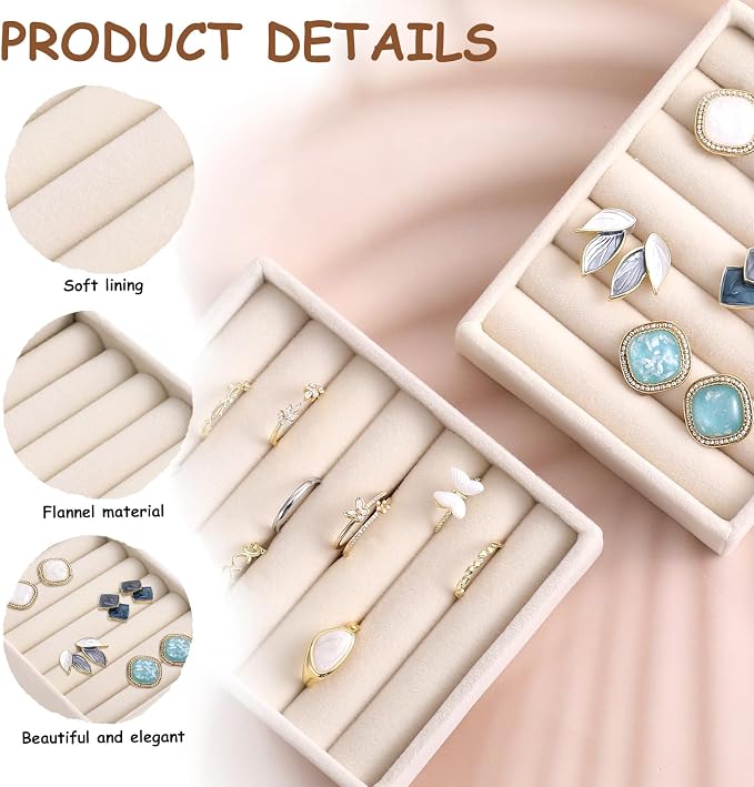 2pcs Ring Holder Display Small Ring Organizer for Jewelry Rings TrayRings Holder Display Tray Velvet Rings Earrings Insert Holders for Girl Store Selling or Home Show Storage Jewelry Box Drawer(Beige)