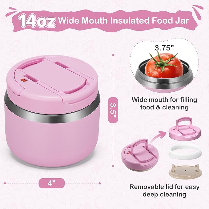 MAXSO 14oz Vacuum Insulated Food Jar with Spoon Buckle Lid, Kids Soup Thermo for Hot Food Wide Mouth Leakproof Stainless Steel Lunch Container - Pink