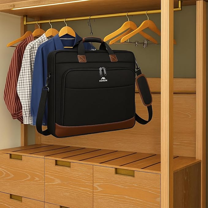 MATEIN Suit Garment Bag for Travel, Large Garment Bags for Hanging Clothes | Foldable Suit Carrier, Premium, 2 in 1 Hanging Suitcase Luggage, For Business, Shoulder Strap, Black Brown