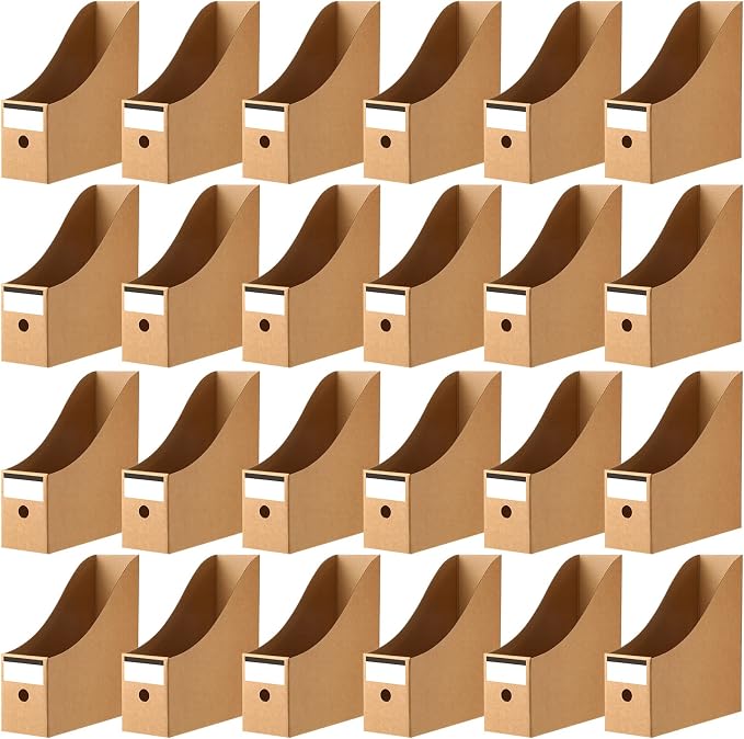 Thenshop 24 Pcs Cardboard Magazine File Holder Organizer, Desk File Organizer Box Foldable Book Bin Papers Storage Folder with Label for School Classroom Office Supplies(Classic,Brown)