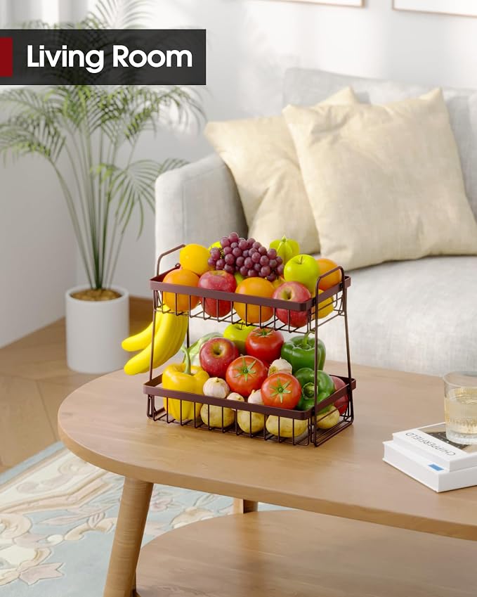 Sakugi Fruit Basket for Kitchen Counter - 2-Tier Fruit Bowl with Removable Banana Hanger & Handles, Rustproof Fruit Holder for Kitchen, Living Room, Bathroom, 13.4"×8.7"×11.7", Brown