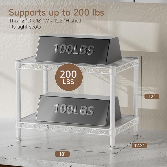 Golpart Small 2 Tier Shelves Storage Wire Shelving Unit Metal Shelf Gasket | 2 tier Shelving Adjustable Organizers Storage Shelving for Bathroom Laundry Room Kitchen Pantry 11.7”D x 17.7”W x 12”H White