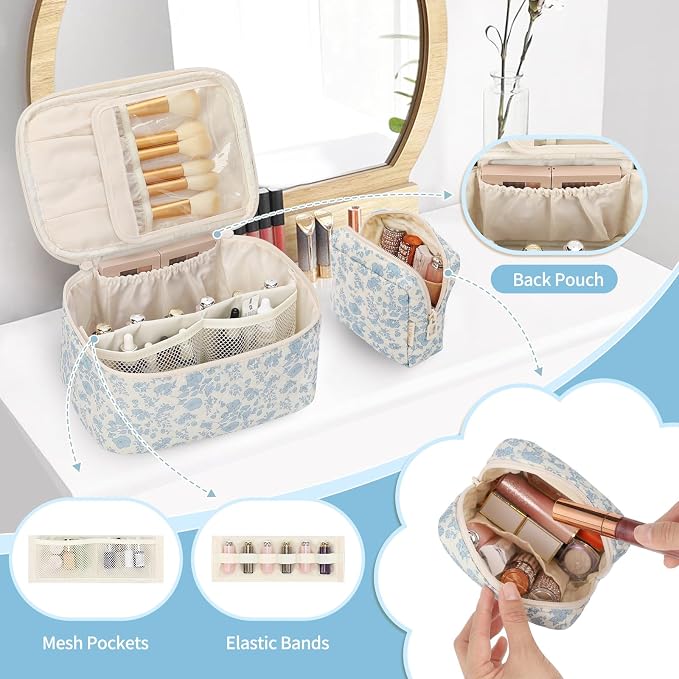 OCHEAL Makeup Bag Set, Portable Travel Makeup Bags Cosmetic Organizer Bag for Women Cute Floral Cosmetic Pouch Large Capacity Make up Bag Toiletry Bags with Divider and Handle-Floral