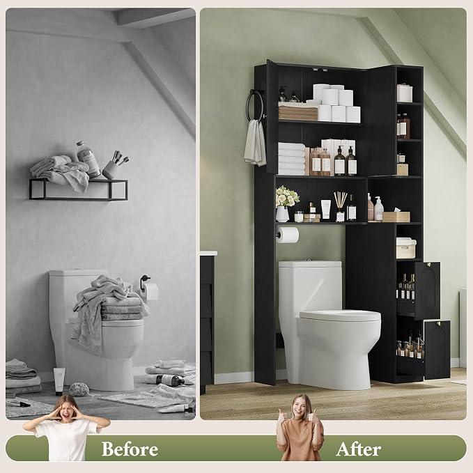 7-Tier L-Shaped Wooden Over the Toilet Storage Cabinet with Doors, Modern Over Toilet Bathroom Organizer Shelf with 2 Large Drawers, Bathroom Over Toilets Storage Cabinet, Space Saver, Black