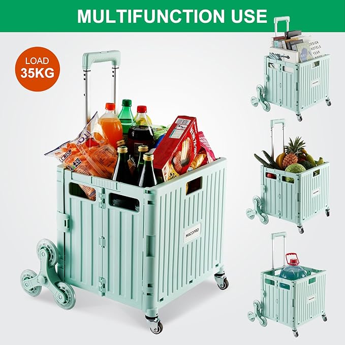 MACOPRO Foldable Utility Cart with Stair Climbing Wheels, Collapsible Rolling Crate with Telescoping Handle, Shopping Trolle Handcart Grocery Book File Tool Art Supplies Teacher Storage Basket(Green)