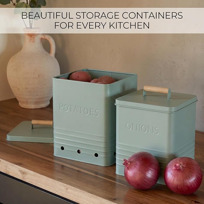 ZICOTO Beautiful Potato and Onion Storage Container Set, 10.1" & 8.9" - Perfectly Sized Spacious Canisters For Your Kitchen Counter Or Pantry - Food Safe Metal Bins Keep Produce Fresh Longer