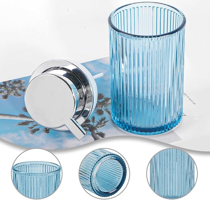 Foaming Soap Dispenser, Bathroom Blue Glass Foam Soap Dispenser, Refillable 12 Oz Foam Pump Bottle Container with Pump, Decorative Slim Ribbed Dish Soap Dispenser for Kitchen