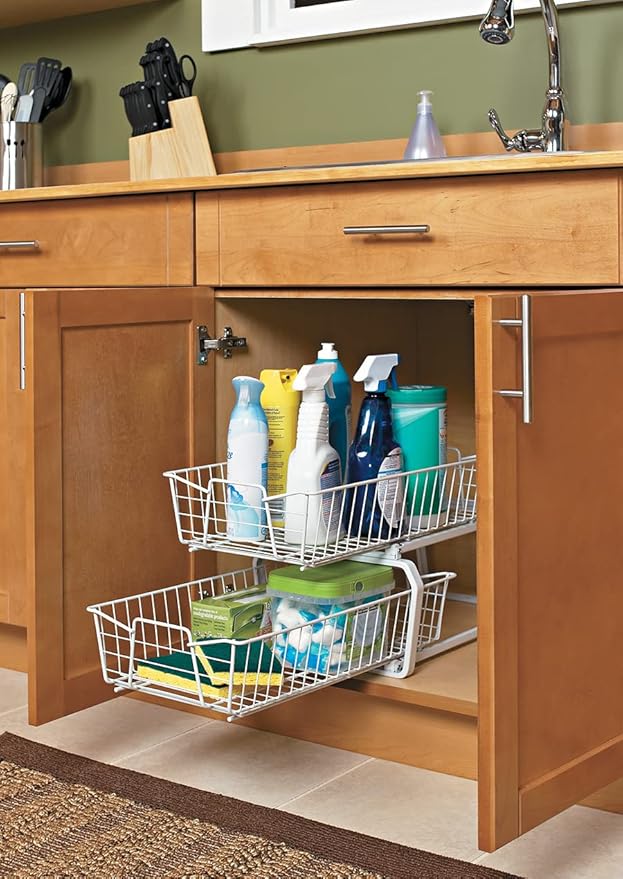 ClosetMaid 11 in. Pull Out Cabinet Organizer, 2 Tier, Heavy Duty, Slide Out Pantry Shelves Drawers for Kitchen, Bathroom, White