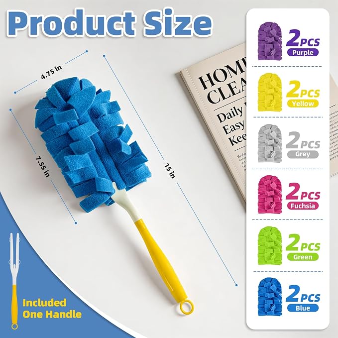 12 PCS Reusable Duster for Swiffer, Washable 360 Fleece Duster Refills for Fans, Floors, Blinds, Windows (Include 1 Handle & Laundry Bag)