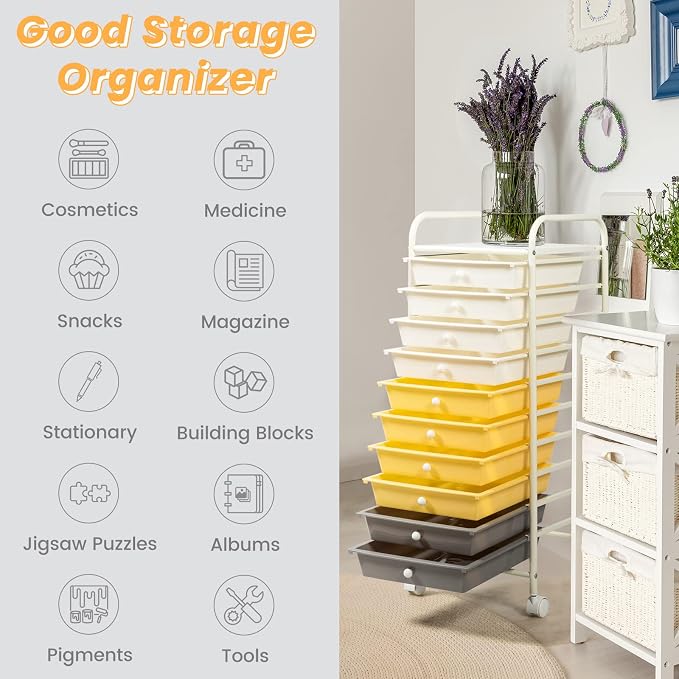 DREAMADE Rolling Cart with Storage Drawers, Utility Cart with Removable Plastic Drawers, Lockable Wheels, Art Cart for Classroom Organization Art Supplies Office Scrapbook (10 Drawers, Yellow)