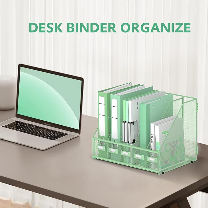 5 Vertical Compartments Magazine Holder, Metal Binder Organizer, Mint Green | Space-Saving Desktop Storage, Built-In Label Holders, Anti-Slip Feet, Sized for Binders, Folders, Magazines and Files
