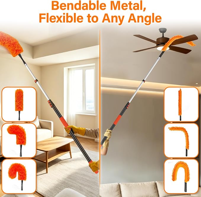 20FT High Reach Duster with Extension Pole 3-12FT, 4-in-1 Cleaning Kit with Universal Swivel Joint, High Ceiling Fan Cleaner Duster, Cobweb Duster, Microfiber Feather Duster and Window Squeegee